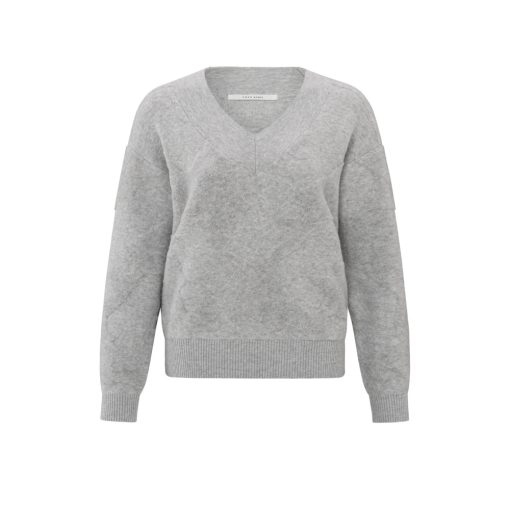 Knitted sweater with V-neck and textured pattern - Medium Grey Melange