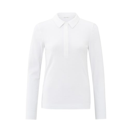 Polo in fine ribbed fabric with long sleeves and collar - Pure White