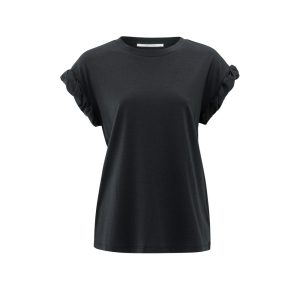 T-shirt with round neck and pleated, rolled-up sleeves-washed black