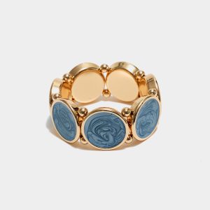 AVA PEARL ELASTIC BRACELET -Gold w Pearl Denim Blue